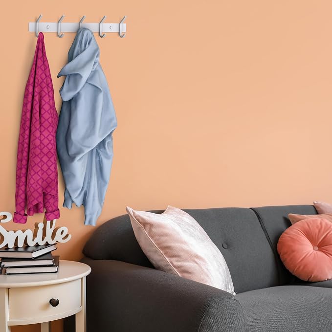 White Coat Rack Wall Mount – 15 Inch Stainless Steel Hook Rail with 5 Heavy Duty Double Coat Hooks – Wall Mounted Coat Hanger for Entryway, Bathroom, Bedroom, Towel, Hat Organizer