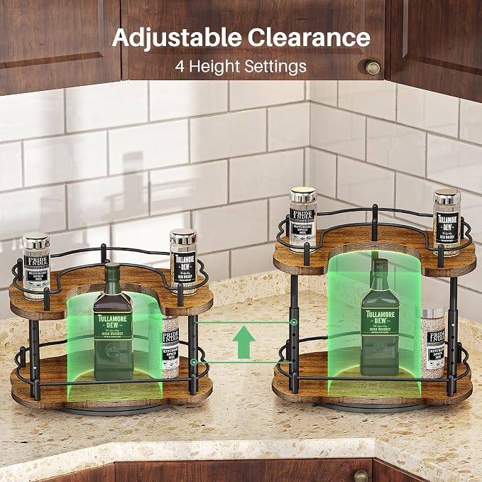 Lazy Susan Organizer Spice Rack - Spice Organization for Cabinet Height Adjustable Rotating Lazy Turntable, Pantry Kitchen Wood Revolving Seasoning Organizer (Vintage, 12 Inch)
