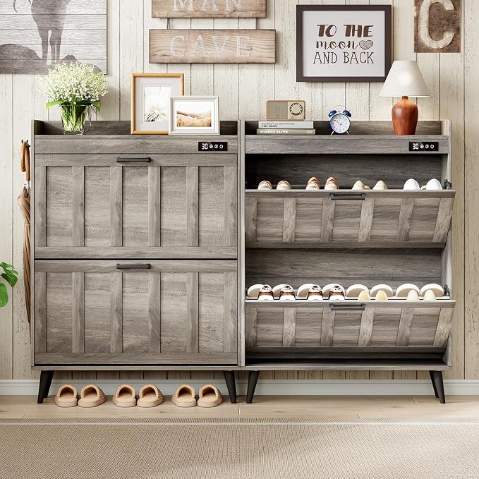 ChooChoo Shoe Storage Cabinet with 2 Flip Drawers and Deodorizer | Shoe Organizer Storage for Entryway, Freestanding Hidden Slim Narrow Shoe Rack Cabinet, Grey