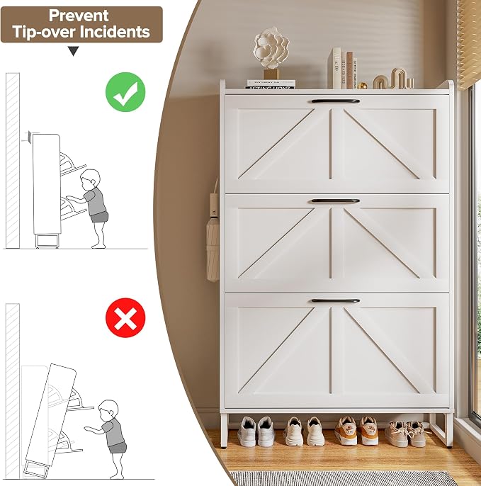 EOYUTLLY Shoe Cabinet Storage for Entryway, Narrow Shoe Rack with 3 Flip Drawers, Freestanding Hidden Shoe Rack Storage Organizer, Slim Shoe Cabinet White with Metal Legs