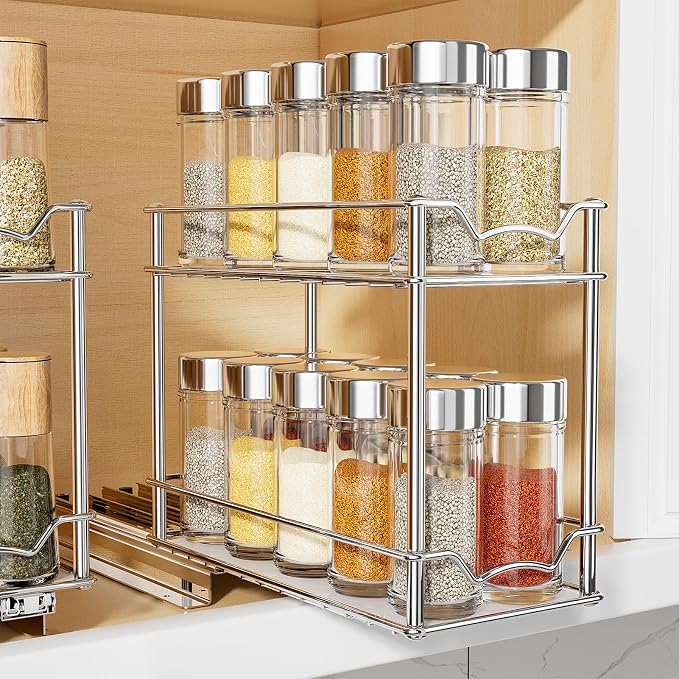 MUDEELA Pull Out Spice Rack for Inside Cabinet, 2 Tier Chrome Spice Organization for Cabinet, Vertical Sliding Out Spice Rack Organizer for Seasoning, 10.4''D×4.8''W×9.3''H