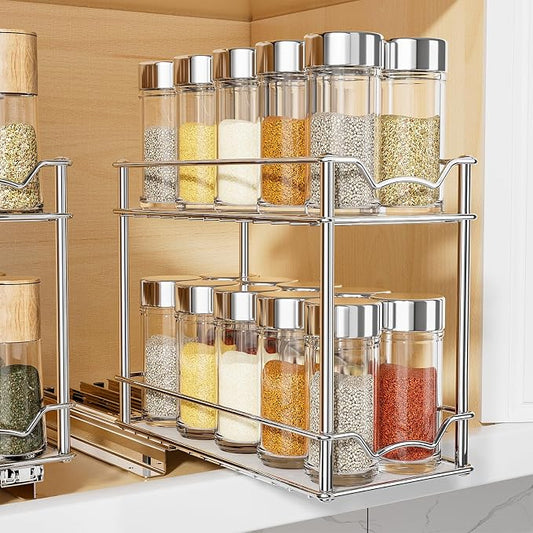 MUDEELA Pull Out Spice Rack for Inside Cabinet, 2 Tier Chrome Spice Organization for Cabinet, Vertical Sliding Out Spice Rack Organizer for Seasoning, 10.4''D×4.8''W×9.3''H