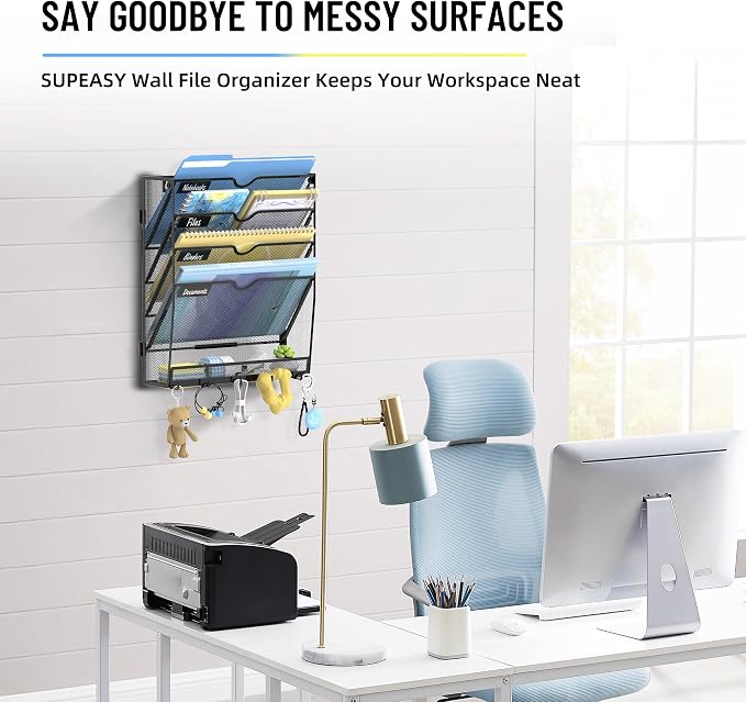 5-Tier Wall File Organizer with Hooks, Hanging File Organizer | Metal Mesh Mail Organizer, Wall Mounted File Organizer for Home, Classroom, Office Organization