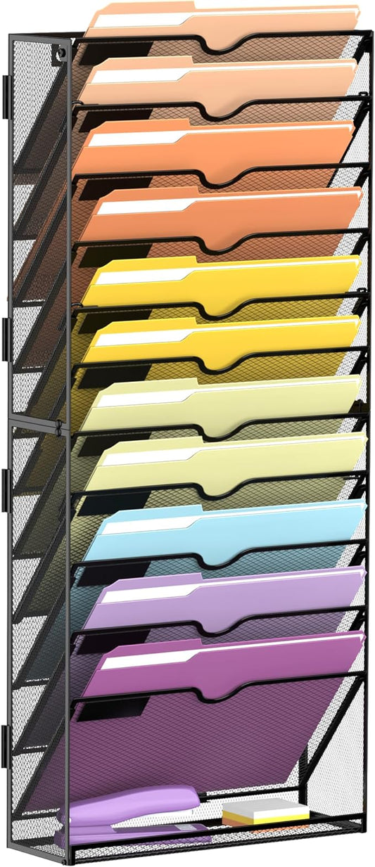 SUPEASY 12-Tier Wall File Organizer, Mesh Hanging Wall Mount File Holder | Paper, Folder, Magazine Rack Great for Office Home School, Assembly Needed, Black