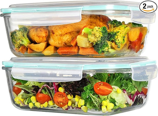 Vtopmart 2Pack 2260ml/76.4oz Extra Large Glass Storage Containers, Green | Meal Prep Food Container Set with Snap Airtight Lids, Microwave, Oven, Freezer, Dishwasher Safe, Baking, BPA Free