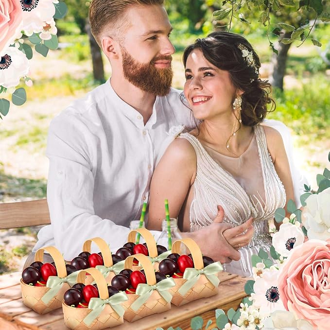 12 Pcs Mini Flower Girl Basket Mini Woven Baskets with Pearl Handles Wood Chip Flower Fruit Picnic Holder with Sage Green Ribbon Smell Gifts Bucket for Wedding Party Gifts Birthday Decoration