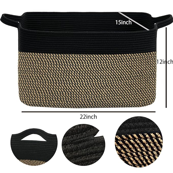 COMFY-HOMI Large Rectangular Blanket, Cotton Rope Woven for Storage, LaundryHamper, Storage,Toy Organizing Bin with Handle, Organizer and Storage-22x15x12-
