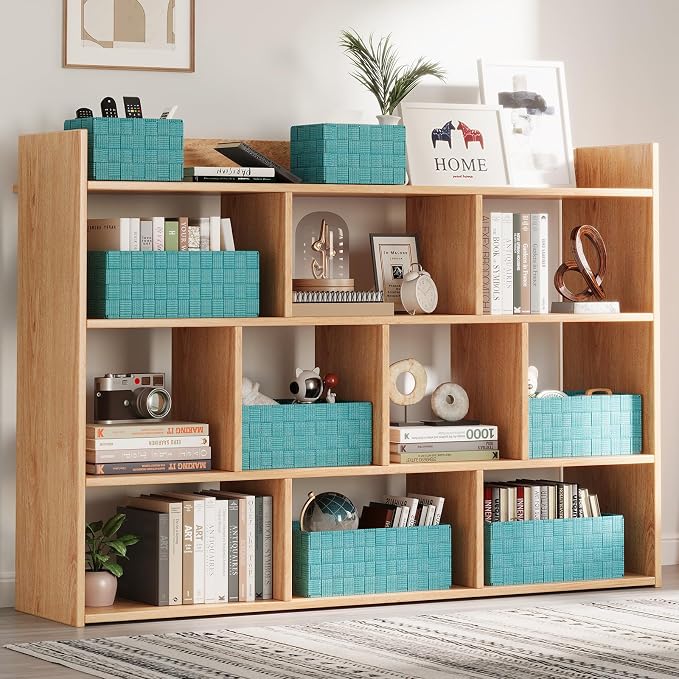 Storage Baskets with Lids: 6 Pack Stackable Woven Storage Bins, Aqua | Decorative Woven Baskets for Organizing with Built-In Handles for Shelves, Closets, Cabinets and Cubbies, Gift Small Basket