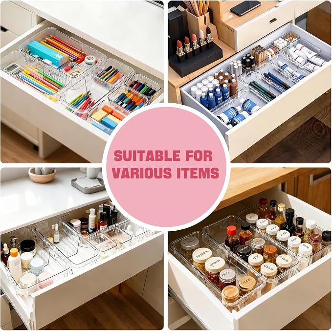 21 PCS Extendable Drawer Organizer Set Clear Stackable Vanity Storage Bins | 3-Size BPA-Free Acrylic Trays, Non-Slip Durable Boxes for Makeup Cosmetics Office Desk Utensils Bathroom Dresser Countertop