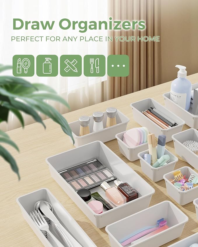 BiuLeon 25 PCS Plastic Drawer Organizers Set, 4-Sizes Vanity and Makeup Organizer, Desk and bathroom Drawer Organizer Trays, Organizers and Storage for Makeup, Jewelry, Gadgets, Utensils (White)