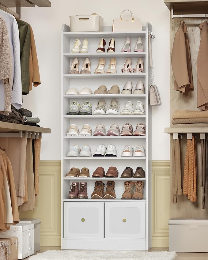 Hzuaneri Shoe Storage Cabinet, 10 Tiers Shoe Cabinet with 2 Cloth Drawers, Wooden Freestanding Shoes Organizer with 2 Hooks, 30-35 Pairs, Shoes Cubby Organizer for Entryway, White SR56303MI | Wooden Freestanding Shoes Cabinet with 2 Hooks, 30-35 Pairs,...