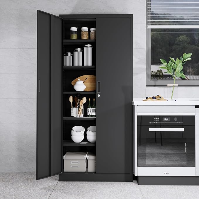 CJF 71" H Metal Storage Cabinet, Locking Cabinet with 2 Doors and 5 Adjustable Shelves, Black Tall Cabinet for Garage, Home, Office, Pantry, Workshop, School