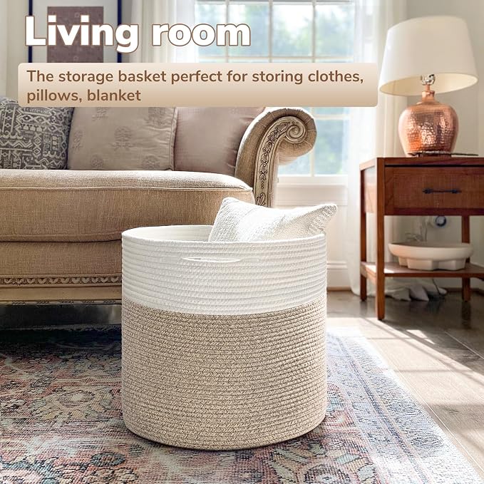 Goodpick Rope Basket for Blankets & Toys, Toy Storage for Organizingr, 45L | 15.8 x 15.8 x 13.8 In Toy Storage Basket for Nursery, Blanket Basket for Living room, Laundry Basket, Light Brown