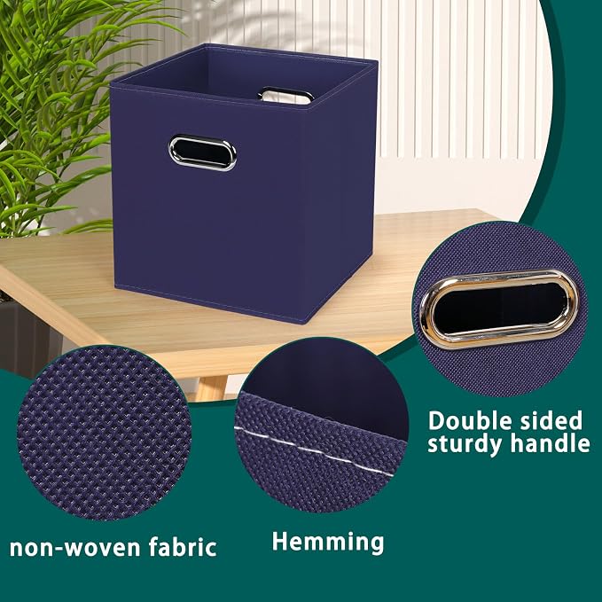 Black Foldable Storage Cubes Bins, Fabric Storage Box Cubes Organizer Baskets with Dual Handles for Home Organizer,Set of 6,(Navy Blue)