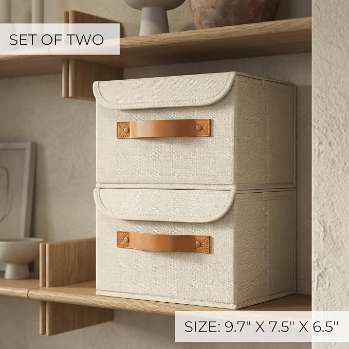 Decorative Linen Storage Boxes with Lids - Spacious Set of 2 Organizer Bins for Your Home Decor - The Perfect Small Container to Safely Store Photos, Documents and Memory Box Keepsakes in Style