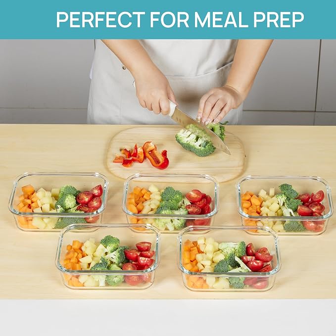 Vtopmart 5 Pack 35oz Glass Food Storage Containers with Lids, Blue | Meal Prep Containers, Airtight Reusable Lunch Container Set, Safe for Oven, Microwave, Freezer, and Dishwasher, BPA Free