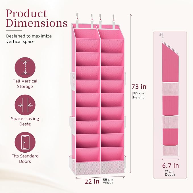 Over the Door Shoe Organizer, 20-30 Pairs Heavy-Duty Hanging Shoe Storage with Large Pockets, 10-Tier Door Shoe Rack with 4 Hooks for Sneakers Sandals Heels Boots (Pink)