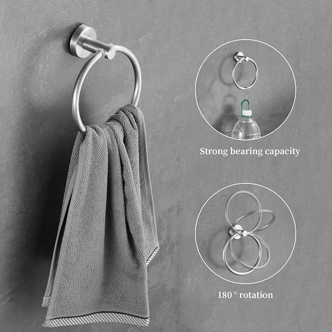 Towel Bar Set Brushed Nickel, Bathroom Towel Ring Set 5pcs Including 2pcs 16'' Tower Bar, Towel Ring and 2 PCS Towel Hooks