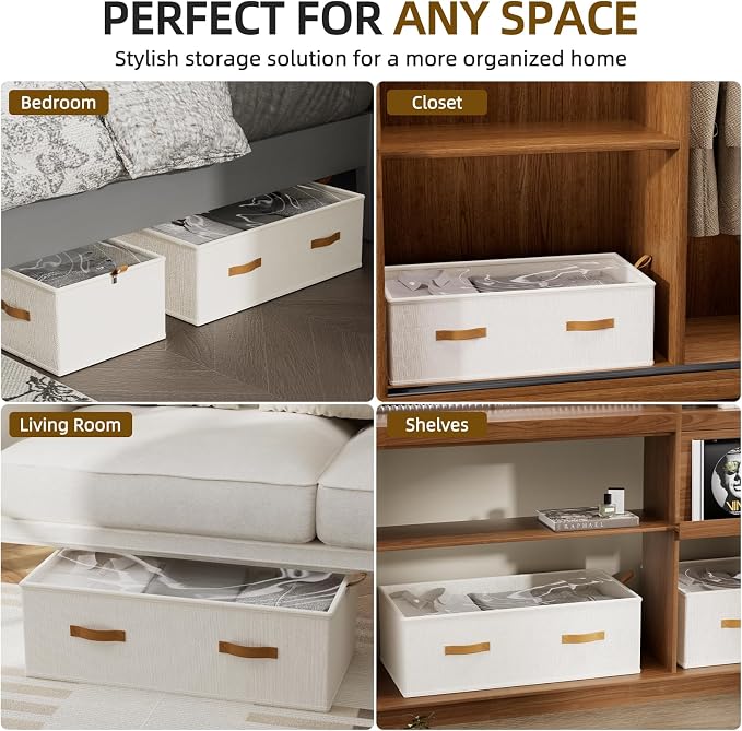 10inch 3 Pack Under Bed Storage Containers, 10 Inch Tall Underbed Clothes Storage Organizer Bin with Clear Window，Foldable Box Basket for Clothes, Closet, Bed Sheets and Blankets White