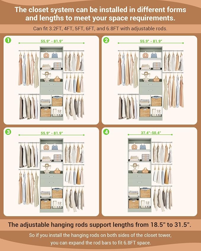 Small Closet System, 3.2-6.8FT Small Closet Organizer with 2 Wooden Drawers & 5 Hanging Rods, Can Fit 37.5 to 81.9 inch Walk-in Closet System, Built-in, Crab Green, Enclosed Storage Volume 2.32 ft³