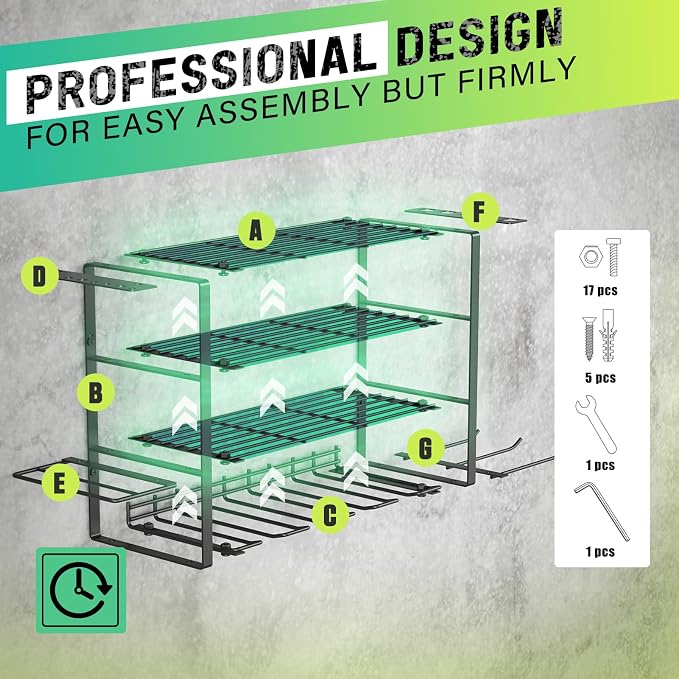 SUNALLY Power Tool Organizer, 4 Drill Holder Wall Mount Tool Storage Rack | Metal Tool Storage Rack with 4 Drill Holders, Heavy Duty Power Tool Shelf for Garage,Warehouse,Workshop, Gift for Men,Husband