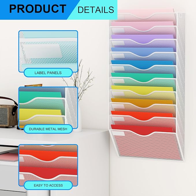 10 Pockets Hanging Wall File Organizer Mail Holder, Wall Mounted Paper Document Folder Holder, Clipboard Storage Organization Magazine Rack, White