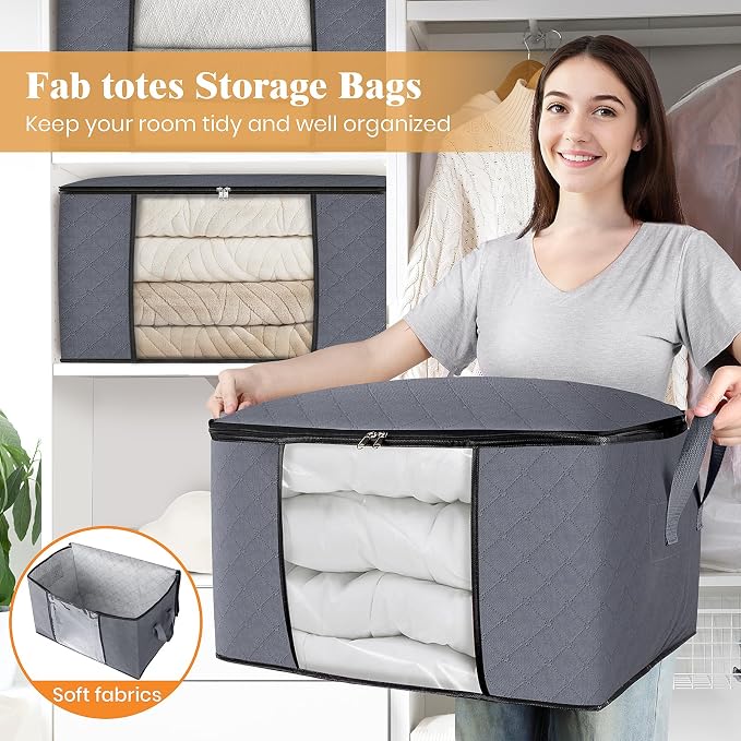 Fab totes Storage Bags,Clothes Blanket Storage Bins Foldable Closet Organizers with Reinforced Handle for Home Dorm Storage and Organization,Fabric Bags for Organizing Sheets,Clothing (Grey,3 Pack)