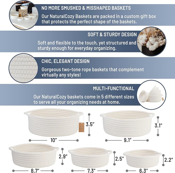 5-Piece Round Woven Cotton Rope Storage Baskets for Organizing, Small Shallow Nesting Set for Montessori Toys, Entryway Catchall, Fruit Bowl, Key Tray, Remote Holder, Nursery & Pet Toys