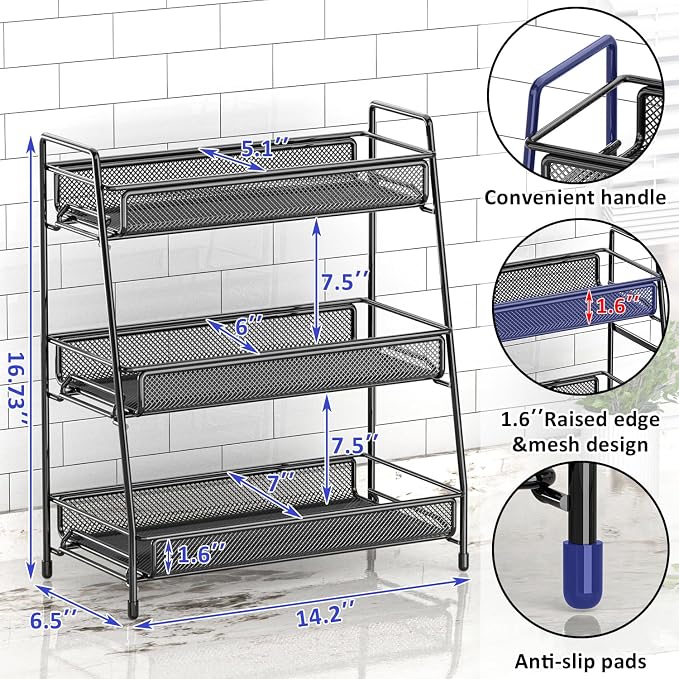 EKNITEY Bathroom Countertop Organizer Rack - 3 Tier Counter Spice Rack | Metal, Non-Slip Base, Makeup Rack, Small Coffee Station Organizer, for Sink Bedroom Kitchen Living room