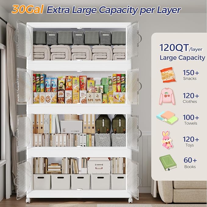 480QT Extra Large Stackable Storage Bins with Lid, 120Gal Plastic Closet Organizers and Storage Drawer, Collapsible Cabinet Box with Wheels Clear Doors for Home Kitchen Office, 4Pack White