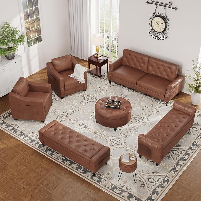 60" Storage Ottoman Bench, Faux Leather Upholstered Bed Bench with Tufted Buttons and Nailhead Trim, Large Ottoman with Storage for King Size End of Bed, Bedroom, Entryway, Hallway (brown)
