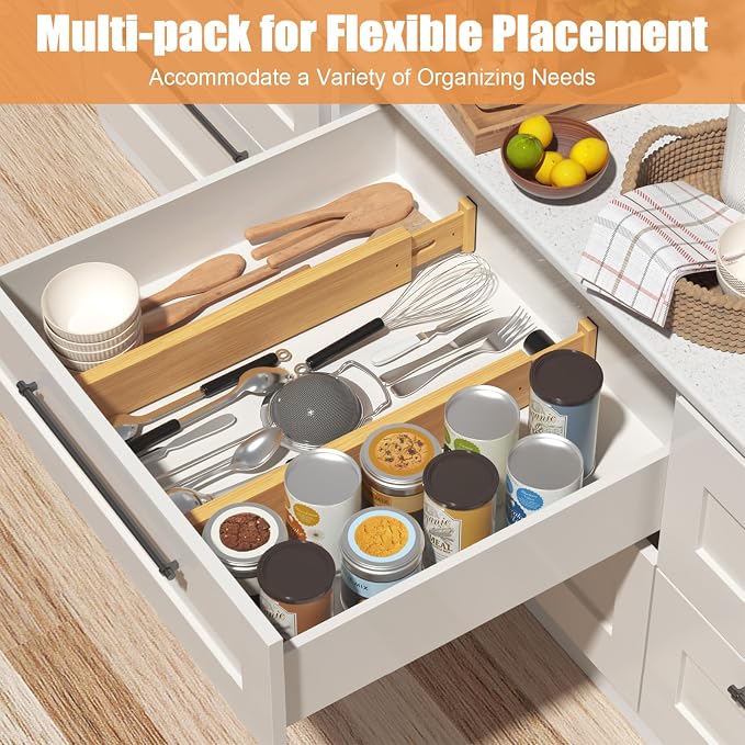 Bamboo Drawer Dividers, Adjustable Drawer Organizers, Fits 17.6–21" Drawers | 2.5" High, 8 Pack Expandable Drawer Separators for Kitchen, Nursery, Dressers & Office Storage, Natural