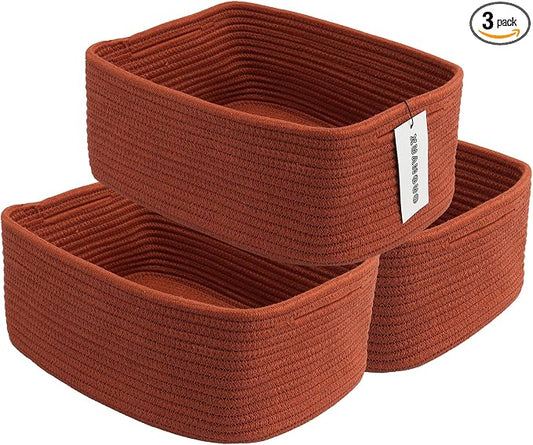 XUANGUO Small Woven Storage Baskets for Shelves, 12" x 8" x 5", Rustic | Decorative rope storage bins for closets and toy storage; cute organizer baskets, empty gift baskets and nursery storage.