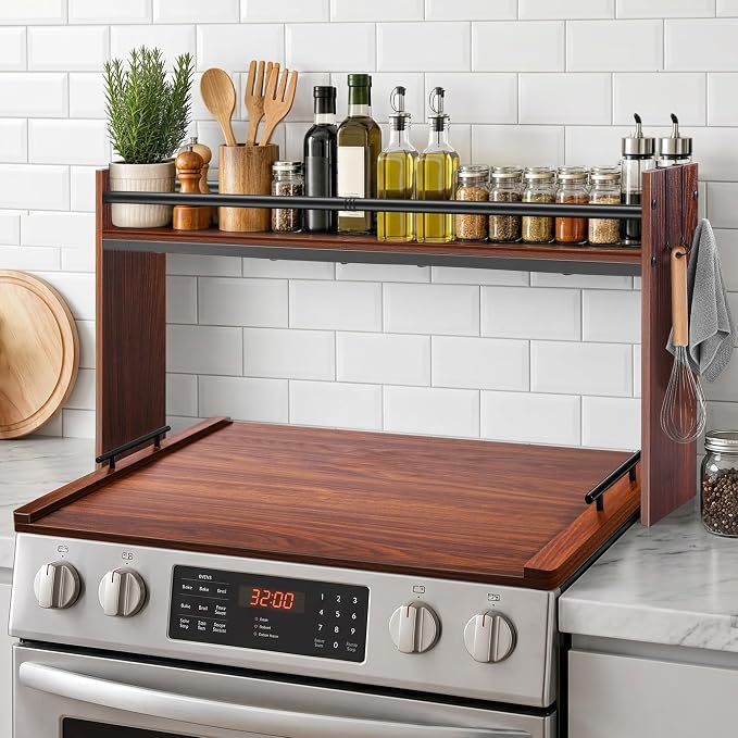 Spice Rack Shelf for Kitchen Stove, Over The Stove Shelf with 4 Hooks, Premium Wood & Metal Commbined Spice Rack Organizer Extra Storage Countertop (Walnut)