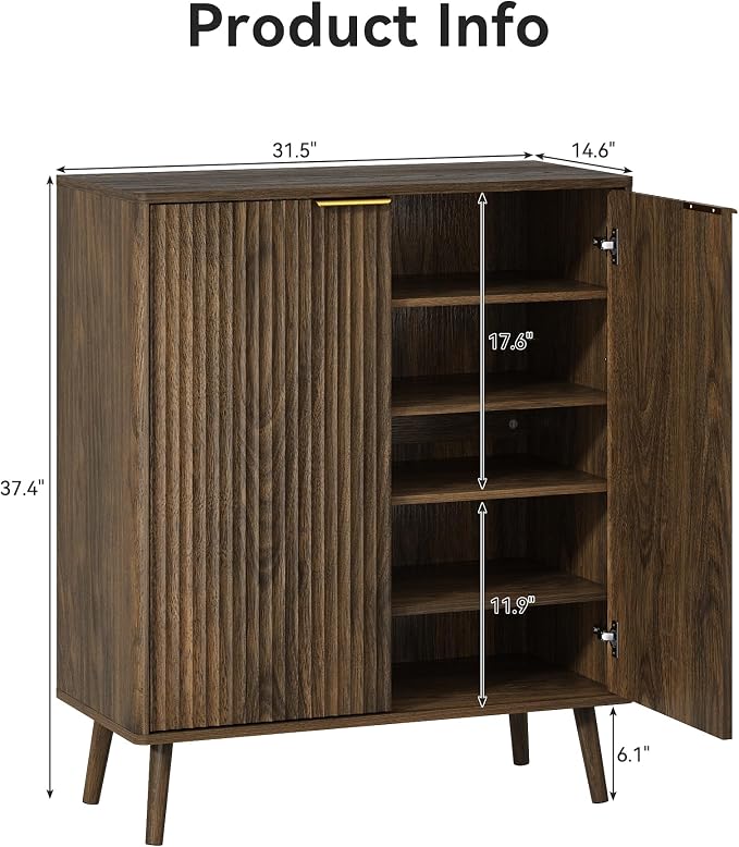 Fluted Shoe Cabinet with Doors, 5-Tier Shoe Storage Cabinet with Adjustable Shelves, Wooden Freestanding Shoe Organizer Shoe Cabinet for Entryway,Hallway,Living Room,Walnut
