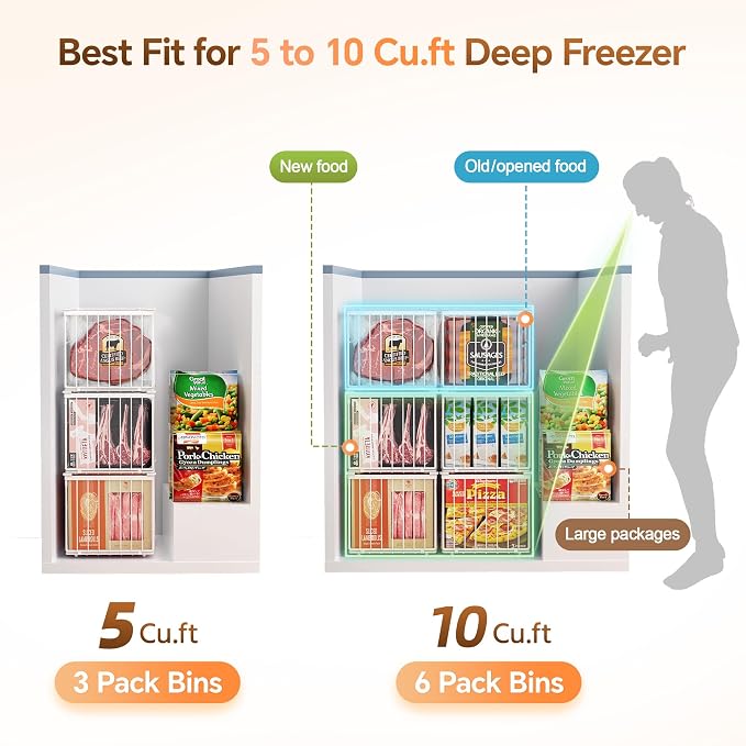 Freezer Organizer Bins, 6 Pack Enlarged Baskets for 5-9 Cu.FT Deep Freezer | Stackable Chest Freezer Organizer Bins, Foldable with Handles, White Storage Container Baskets for Sort Frozen Meats