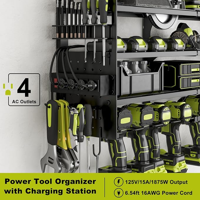 Power Tool Organizer Wall Mount, 12-Drill 4-Tier Charging Station, Black | Heavy-duty 4-Tier Metal Rack Stores 12 Drills; Side Pegboards and Screwdriver Slots Add Storage, Plus a 4-Outlet Power Strip
