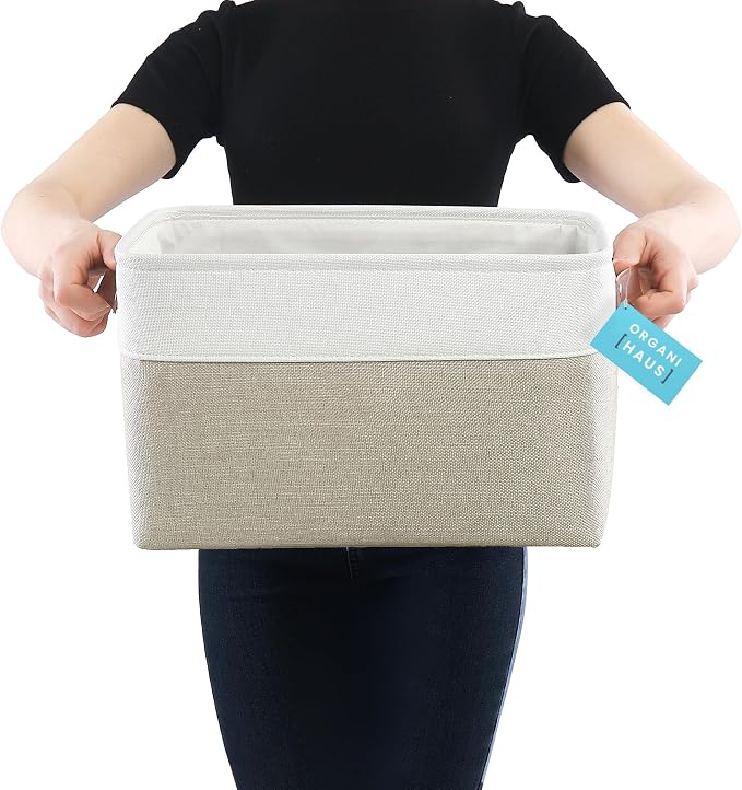 OrganiHaus 15x11in Canvas Storage Baskets 3 Pack - Fabric Bins for Shelves | Vegan leather handles; a decorative closet organizer for clothes, shoes, or toys; bedroom container
