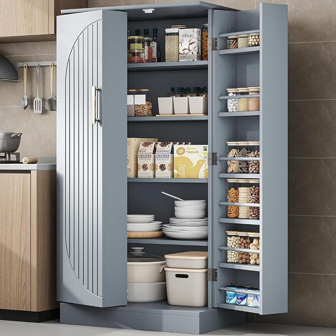 kepptory 47" Kitchen Pantry Cabinet with Doors and Adjustable Shelves, Freestanding Pantry Storage Cabinet, Farmhouse Buffet Cupboard for Kitchen, Dining Room, Living Room, Grey
