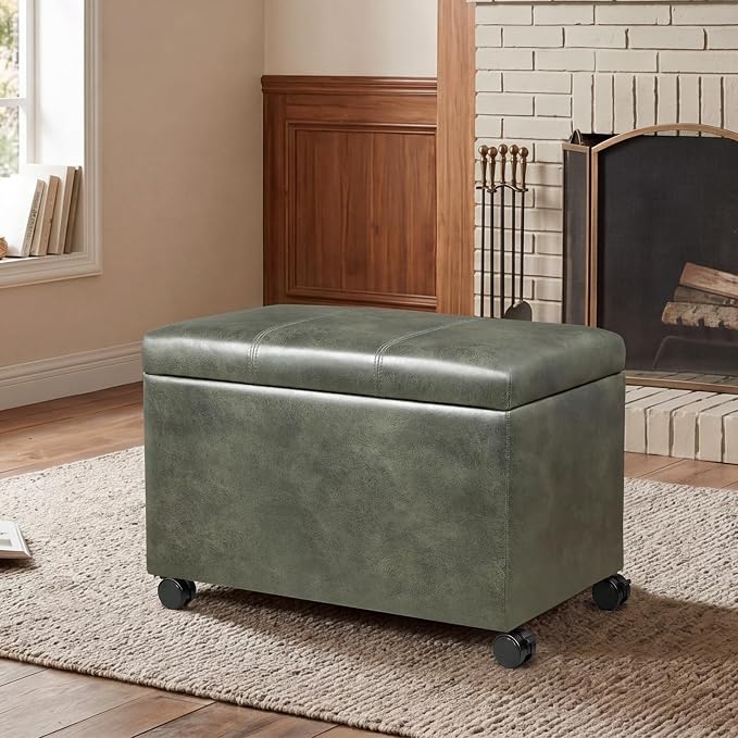 24" Faux Suede Storage Ottoman Bench with Wheels, Rectangle Foot Rest Stool for Living Room, Bedroom, Entryway, Moss Green