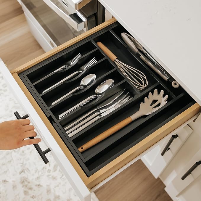 KitchenEdge Silverware & Utensil Drawer Organizer, 14.5-25 in, Black Bamboo | Cutlery, flatware, food-safe contract grade, kitchen drawer fit