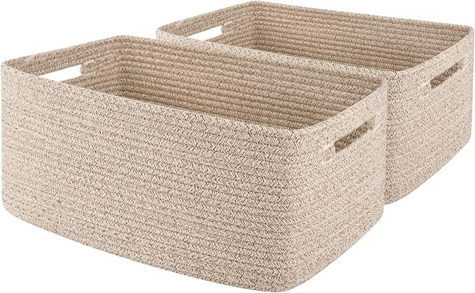 OIAHOMY Storage Basket for Shelves, Closet Cube Storage Bins Baskets for Clothes Blanket Towels, Baby Nursery, Toy Baskets Box, Woven Rope Basket, 17.72 * 12.99 * 7.87 IN, 2 Packs Brown