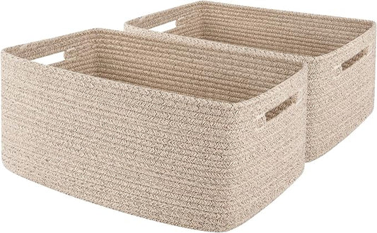 OIAHOMY Storage Basket for Shelves, Closet Cube Storage Bins Baskets for Clothes Blanket Towels, Baby Nursery, Toy Baskets Box, Woven Rope Basket, 17.72 * 12.99 * 7.87 IN, 2 Packs Brown