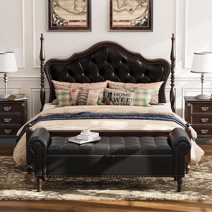 Apicizon 60” Bench with Storage, Queen Size Faux Leather End of Bed Bench with Tufted Button, Ottoman Bench with Rolled Arms & Vintage Rivets for Foot of Bed, Living Room, Entrance, Black