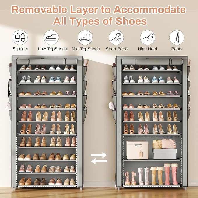 VTRIN Tall Shoe Rack with Cover, 10 Tier Shoe Organizer Storage for 50-55 Pairs Shoes and Boots Large Capacity Shoe Shelf with 8 Pockets Free Standing Shoe Rack for Closet, Entryway, Garage, Grey