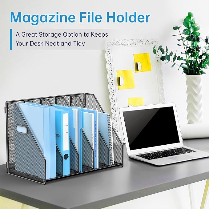 MINDEPOT Desk File Organizer Folder Holder with 5 Vertical for Office Black | Sturdy Metal Mesh, Magazine Folder Holder, Rack File Organizer for Home School, 5 Vertical Compartments