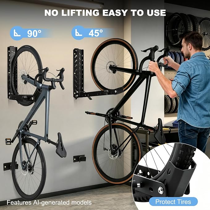 CXRCY Bike Swivel Rack, Wall-Mounted, 90 lb Capacity | Swivel design with bearings. 3.0mm steel. Heavy-duty vertical bike storage. Space-saving for garage. Easy to install.