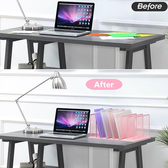 Kuntine.B 7-Section Upright Desk File Organizer Pink 1 Pack | Vertical, Mesh, Metal, Assembly, Stability, Sturdiness, Organization, Standing