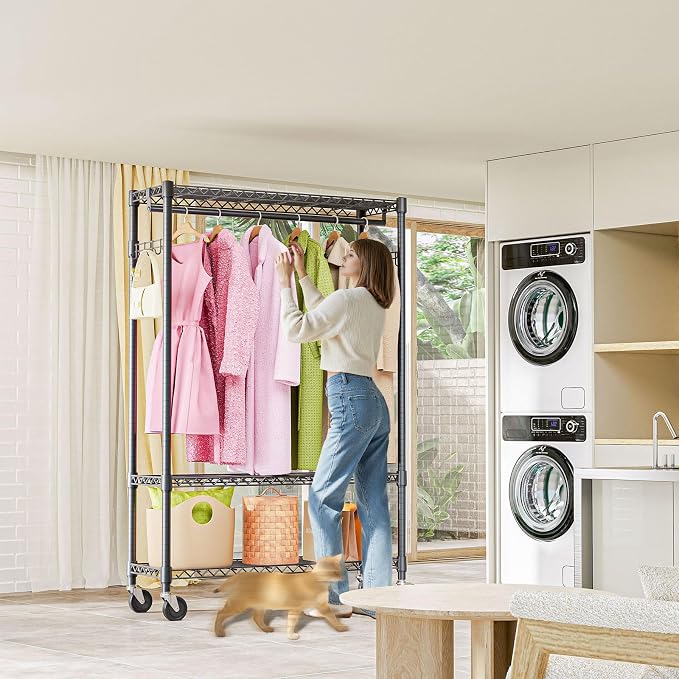M MZG Heavy Duty Rolling Garment Rack 3 Tiers Adjustable Wire Shelving Clothes Rack with 1 Rods and Side Hooks,Storage Closet Clothing Rack with Wheels Black 15.7" D x 45.3" W x 75.6" H