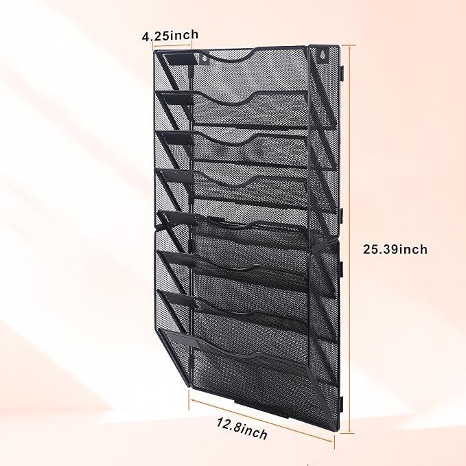 COSYAWN 8 Tier Mesh Hanging Wall File Organizer, Wall Mounted Mail Paper Document Folder Holder for Office Home School, Black